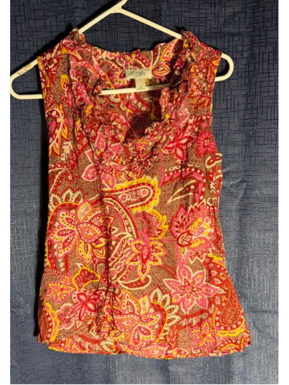 Women's Ann Taylor LOFT Paisley Ruffle Tank Top M Pink Brown Boho y2k 90's